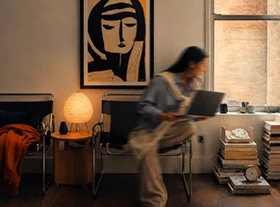 A person walking through an office