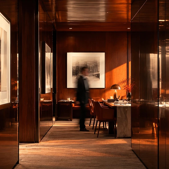A man walking down a dimly lit, wood-panelled restaurant corridor